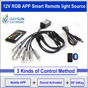 12V RGB Smart Zdroj Svetla na Strane Svietiť Zrakového optického Kábla Mobilnej APLIKÁCIE Ovládanie RF Diaľkové 2W Zdroj Svetla pre Auto Atmosféru Svetla