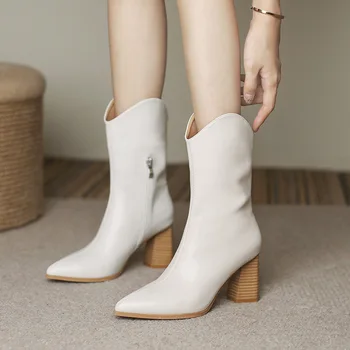 2021 rytier topánky na jar a na jeseň nové vysoké podpätky jednej topánky mid-tube topánky hrubé-podpätky západnej kovbojské topánky ženy