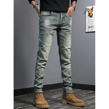 2022 jar priamo pánske džínsy slim malé nohy, retro staré Európske a Americké nohavice elastické nohavice mužov džínsy