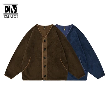 2023 Jeseň Noví Ľudia, Japonsko Harajuku Streetwear Módy Voľné Bežné Vintage Collarless Fleece Bunda Kimono Cardigan Kabát Muž