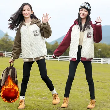 2023 Kórejský Zimné Základnej Dievča Bunda Zahustiť Dospievajúce Dievča, Mikina S Kapucňou Kabát Junior Dievča List Farebné Blokovanie Outwear