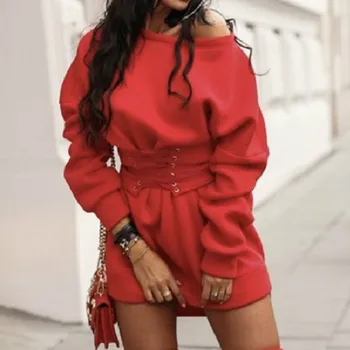 2023 Červená Fleece Oblečenie Šnúrkou Príležitostné Voľné Vytiahnuť Sexy Šaty S Dlhým Rukávom, Mikiny Vestidos Strany Dámske Oblečenie Na Jar