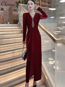 2024 Jarné Oblečenie Nový High-End Svetlo Luxusné Velvet Drahokamu Slim Fit Štrbinou Dlhé Elegantné Šaty Lady Party Šaty pre Ženy