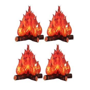 4 Pack Umelé Plamene Troch-Dimenzionální Plameň 3D Lepenky, Camping Oheň Dekorácie Dovolenku Strany Vianoce