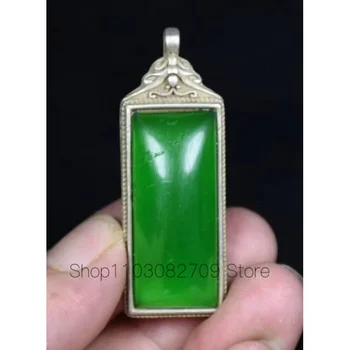 5.5 cm Vzácny Čínsky Staré Miao Striebrom Vykladané Zelená Gem Zviera Hlavu Amulet Prívesok