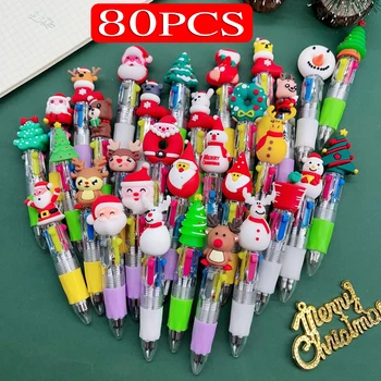 80Pcs/Veľa Kawaii Vianočné Mini Guľôčkové Pero Roztomilý Kreslený Mulitcolor Perá 4 Farebné Deti Školy, Písanie, Písacie potreby Dodávky Dary