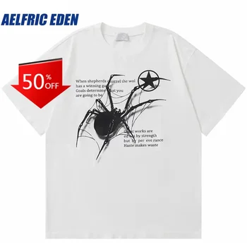 Aelfric Eden Mens Streetwear Hip Hop Nadrozmerné Tričko Prať Black Spider Grafické T-Shirt Harajuku Vintage Bavlna Voľné T-shirt