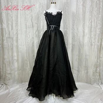 AnXin SH francúzske retro čierny kvet čipky špagety popruh iskrivý lištovanie Korálkové volánikmi princezná strany plesové šaty, večerné šaty