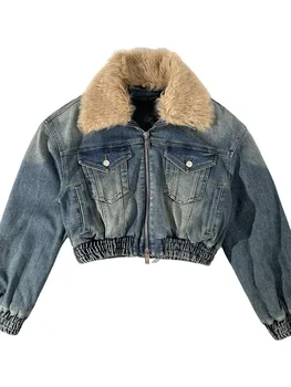 Bavlna, denim jacket krátke flip golier voľné nosenie elastické hem dizajn teplé a pohodlné 2023 zimné nové 1025