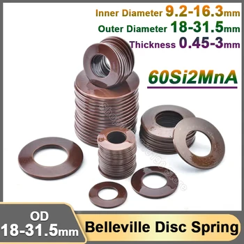 Belleville Disk Jar Umývačka riadu Tlmiče 60Si2MnA Kompresie Jar Tesnenia OD 18-31.5 mm ID 9.2-16.3 mm Hrubé 0.45-3 mm