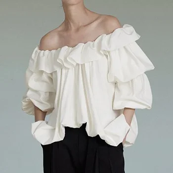 Biely francúzsky jedno rameno hore s dizajnom zmysel nika tričko, jar mimo ramenný tričko blusas femininas