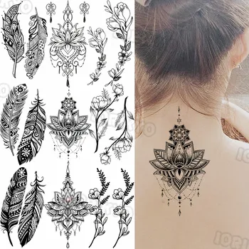 Black Henna Dočasné Tetovanie Pre Ženy, Dospelých Realistické Pierko Zinnia Kvet Falošné Prívesok Tetovanie Nálepky Očarujúce Späť Tatoos