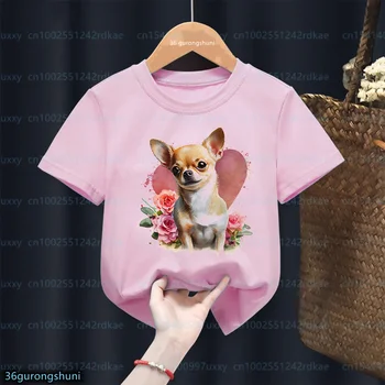 Chihuahua/Yorkie Kawaii Dievčatá T-Shirt Maltézsky Psík Šteniatko Na Bicykli Grafický Tlač Deti Tshirt Módne Zábavné Dievčatá Ružové Tričko