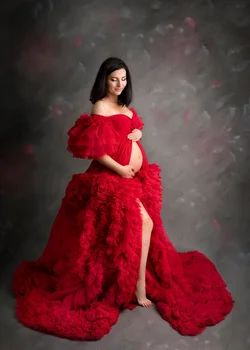 Elegantné Červené Organza Materskej Rúcha Pre Fotografiu Strieľať Dlhé Priesvitné Sexy Svadobné Tehotenstva Tylu Šaty Šaty Na Zákazku