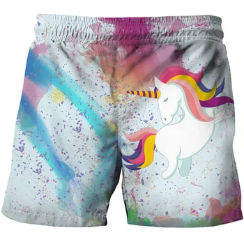 Farebné splash-atrament tlačené šortky pre dievčatá roztomilý kreslený jednorožec detí pláž half-nohavice módne bežné chlapčenské športové oblečenie