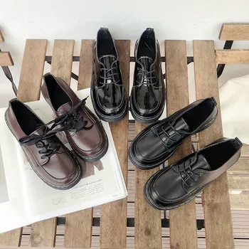 Harajuku Vintage Oxford Topánky Ženy Bežné Patent Kožené Šnurovacie Platformu Black Bytov Módne Wild Kórejský Zapatos De Mujer 2021