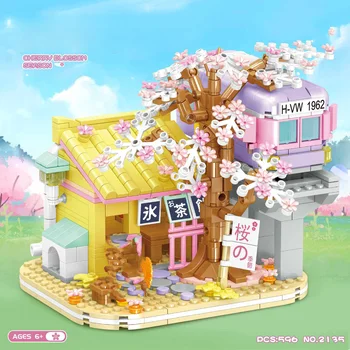 Japonsko Mesto, Výhľad Na Ulicu Mini Blok Železničnej Cherry Blossom Budovy Tehla Údaje Sakura Streetscape Hračky Pre Deti Darček