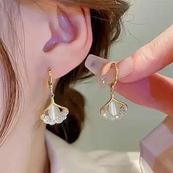 Kórejský Módne Ginkgo Leaf Drop Náušnice Pre Ženy Šperky 2024 Trendov Nové Luxusné dámske Mačacie Oko Kameň Krištáľové Náušnice