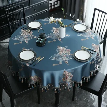 Luksusowe tradycyjny okrągły obrus jadalnia kawa miękkie żakardowe kwiatowe zakończenia frędzli wystrój domu niebieski