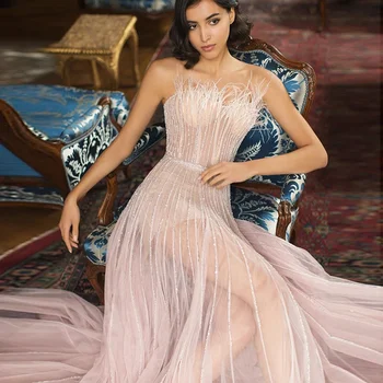 MANRAY Luxusné Ružová Perie Dubaj Večerné Šaty pre Ženy, Svadobné Party arabčina Dlhý Elegantný Formálne Prom Šaty Tylu