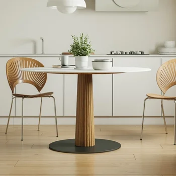 Masívne drevo okrúhly jedálenský stôl pre malé domáce rozloženie rokovania, čisto biele Deli Fengyan rada ryžu stôl a stoličky