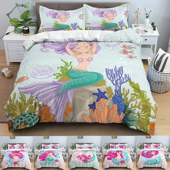 Morská víla Perinu Nastaviť Cartoon Vytlačené Cumlík Kryt 3D posteľná bielizeň Set Creative jednoduché Dvojité Kráľovná Veľkosť Obliečky Pre Spálne