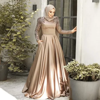 Moslimské Luxusné Večerné Šaty Na Ples 2023 Dlhý Rukáv Kryštály Satin A-line v Dubai arabské Ženy, Svadobné Party Šaty S Hidžáb