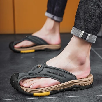 Muži Flip-flops pravej kože v Lete pánske Papuče Plážové Sandále vonkajšie priedušná ručné mužov Ležérne Topánky pre mužov papuče