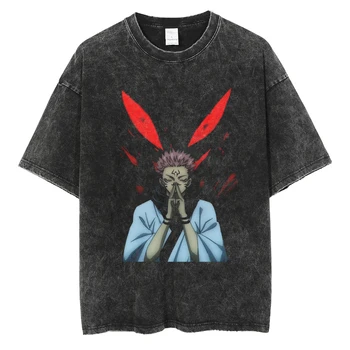 Muži Streetwear Umyté T-shirt Harajuku Anime Jujutsu Kaisen Grafické T-Shirt Hip Hop Nadrozmerné Tričko Bavlna Topy Tees Čierna