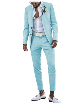 Móda Modrá Muži Obleky 2 Kusy Vyhovuje Slim Fit Business Ženích S Drážkou Klope Na Formálne Svadobný Oblek Tuxedos(Sako+Nohavice)