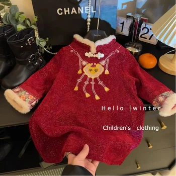 Ningli Dievčenské Čínsky Štýl Šaty Detí Čínsky Nový Rok Oblečenie Zimné Červená Nového Roku Oblečenie Fleece Linajkované Cheongsa