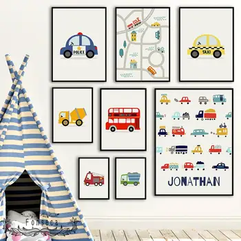 Nordic Cartoon Autobus, nákladné auto Taxi Inžinierstva Vozidla Policajné Auto Plátno na Maľovanie Baby detská Izba Plagáty a Vytlačí Domáce Dekorácie