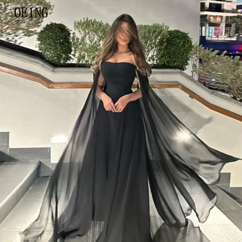 OEING Black Šifón Večer Prom Šaty bez Ramienok arabčina Celebrity Party Šaty s Dlhými Rukávmi Elegantný Vestidos De Fiesta