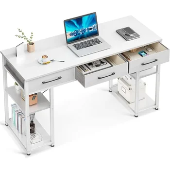 Office Small Computer Desk: Home Table s Textílie Zásuvky & Úložné Poličky, Moderný Písací Stôl, Biele, 48