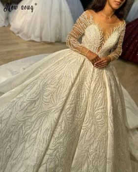 Plus Veľkosť Vestido De Casamento Luxusné Svadobné Šaty Na Mieru Dubaj Ženy Plné Satin Korálkové Svadobné Šaty Princezná Svadobné Šaty