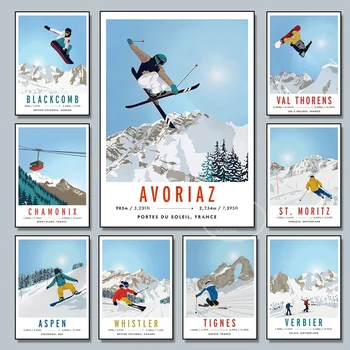 Plátno na Maľovanie Plagátu Wall Art Tignes Aspen Snowboard Ski Francúzsko Kanada Nordic a HD Výtlačky pre Obývacie Steny Umenie Domova