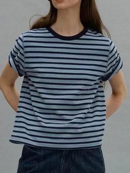 Prúžok Bežné Bavlna T-shirt O-Krku Krátky Rukáv Ženy Letné Tričká Elegantné Jednoduché Streetwear Módy Žena Topy 2023
