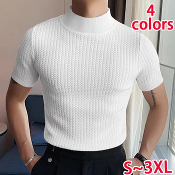 Pánske slim fit krátke rukávy T-shirt, tesne priliehajúce bežné vysokým hrdlom pletený sveter, elastické slim fit krátky rukávom top