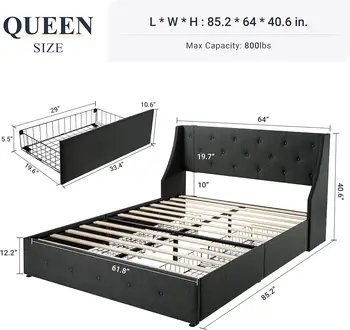 Queen Bed Rám so 4 Úložné Zásuvky a Wingback Čelo, Tlačidlo Všívaných Dizajn, Žiadne Okno Jar Potrebné Tmavo Sivá