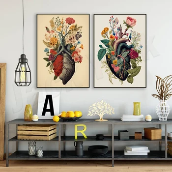 Rastliny pľúca plagát, farebné kvety, retro štýl, farebné rastliny a čierne pľúca, retro srdca tlače
