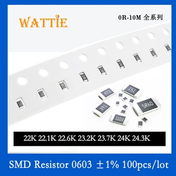 SMD Rezistora, 0603 1% 22K 22.1 K 22.6 K 23.2 K 23.7 K 24K 24.3 K 100KS/veľa čip odpory 1/10W 1,6 mm*0.8 mm