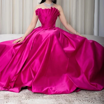 Saudská Arábia Fuchsia Satin Dubaj Večerné Šaty pre Ženy, Svadobné 2024 Elegantné Vrúbkovaným Dlho Formálnej Strany Šaty