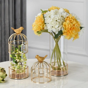Sklenené Vázy Zlaté Birdcage Sviečkový Kovový Stojan Na Kvet Usporiadanie Príslušenstvo Zlatý Vták Moderné Domáce Dekorácie Remeslá