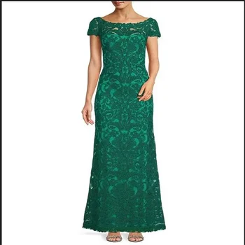 Smaragdovo Zelená Elegantné Večerné Šaty Pre Ženy Loď Krku Krátky Rukáv Prom Šaty Dlhé Dĺžka Podlahy Party Šaty Na Zákazku