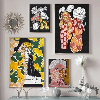 Teplé Zemité Vytlačí Boho Eklektický Abstraktné Obrazy Kvetinový Žena Plátno Plagát Galéria Wall Art Obrázky pre Obývacia Izba Dekor
