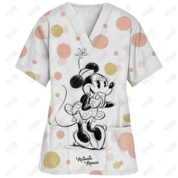 Tričká Disney Top Ženy 2024 Sestra Jednotné T-tričko Mickey Žena Šaty Minnie Mouse T-shirts Nemocnice Topy V Krku Vrecku Tees