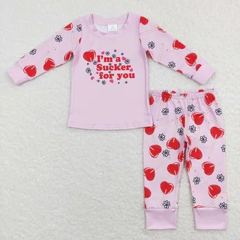 Veľkoobchod Baby Girl Pyžamo Candy Hearts Košele Deti Ružové Nohavice Sleepwear Deti Nastaviť Pyžamo Deti Valentína Oblečenie