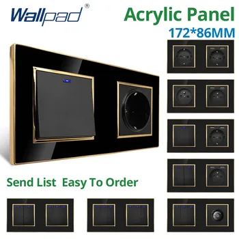 Wallpad Black Panel Akryl Zlato Hranicu Stene Spínač svetiel LED Stmievač, USB Nabíjanie EÚ Zásuvky Zásuvky 5 6 7 8 Gang 2 Spôsob, ako Obnoviť
