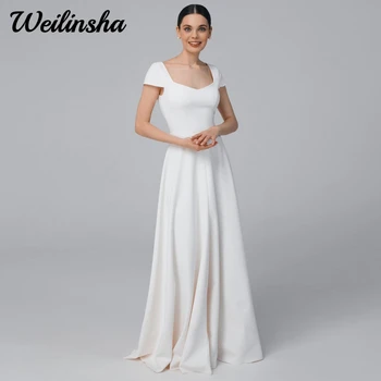 Weilinsha Jednoduché Svadobné Šaty pre Ženy, Minimalistický Riadok Jersey Štvorcový Výstrih Svadobné Šaty s Krátkymi Rukávmi Sweep Vlak