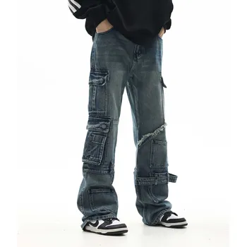 Y2k Streetwear Bočné Vrecko Pantalones Hombre Neforemné Džínsové Nohavice pre Mužov a Ženy Prať Ležérne Džínsy Nadrozmerné Cargo Nohavice